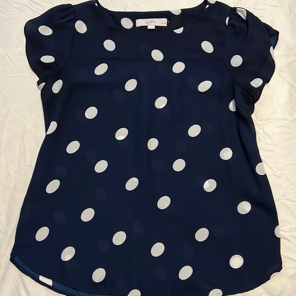 Loft Blouse.  Navy with white polka dots.  Small petite.